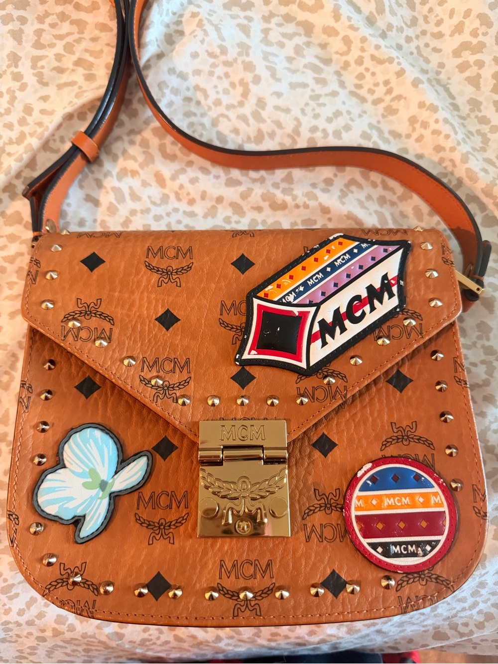 MCM Cognac Visetos Leather Studded Crossbody Bag with Patches